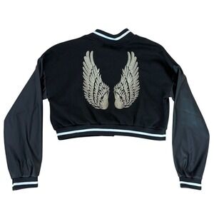 Women's Cropped Varsity Jacket Black Button-Down Striped Cuffs M angel Mundefeis